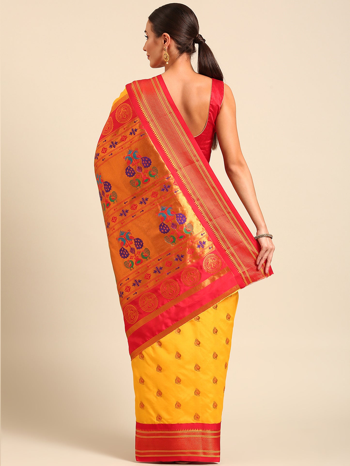 Usha Haldi & Red Soft Silk Maharani Paithani Saree