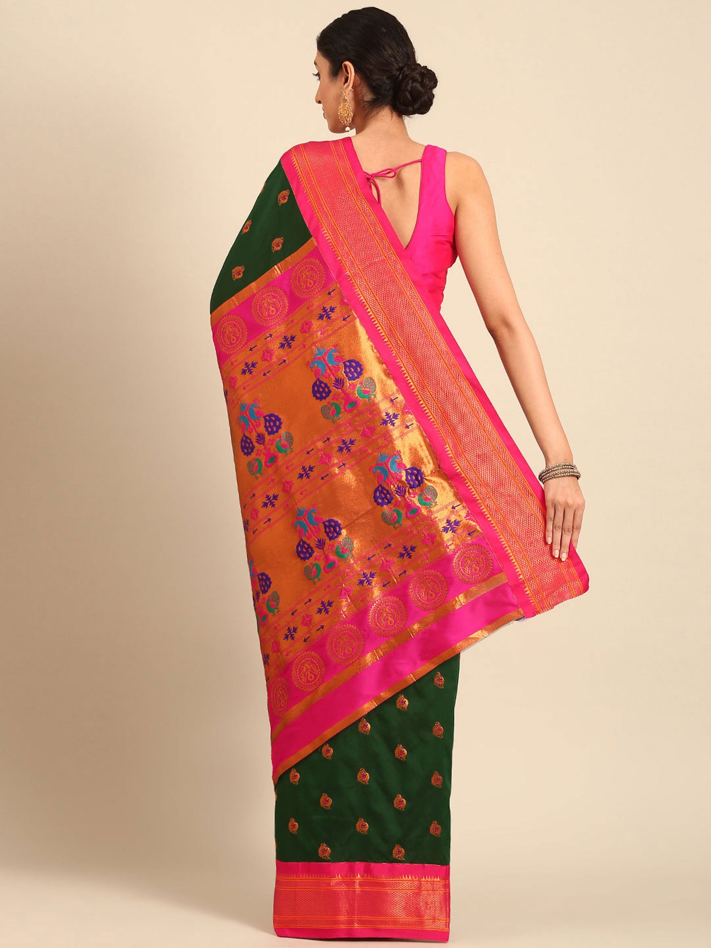 Usha Bottle Green & Pink Soft Silk Maharani Paithani Saree