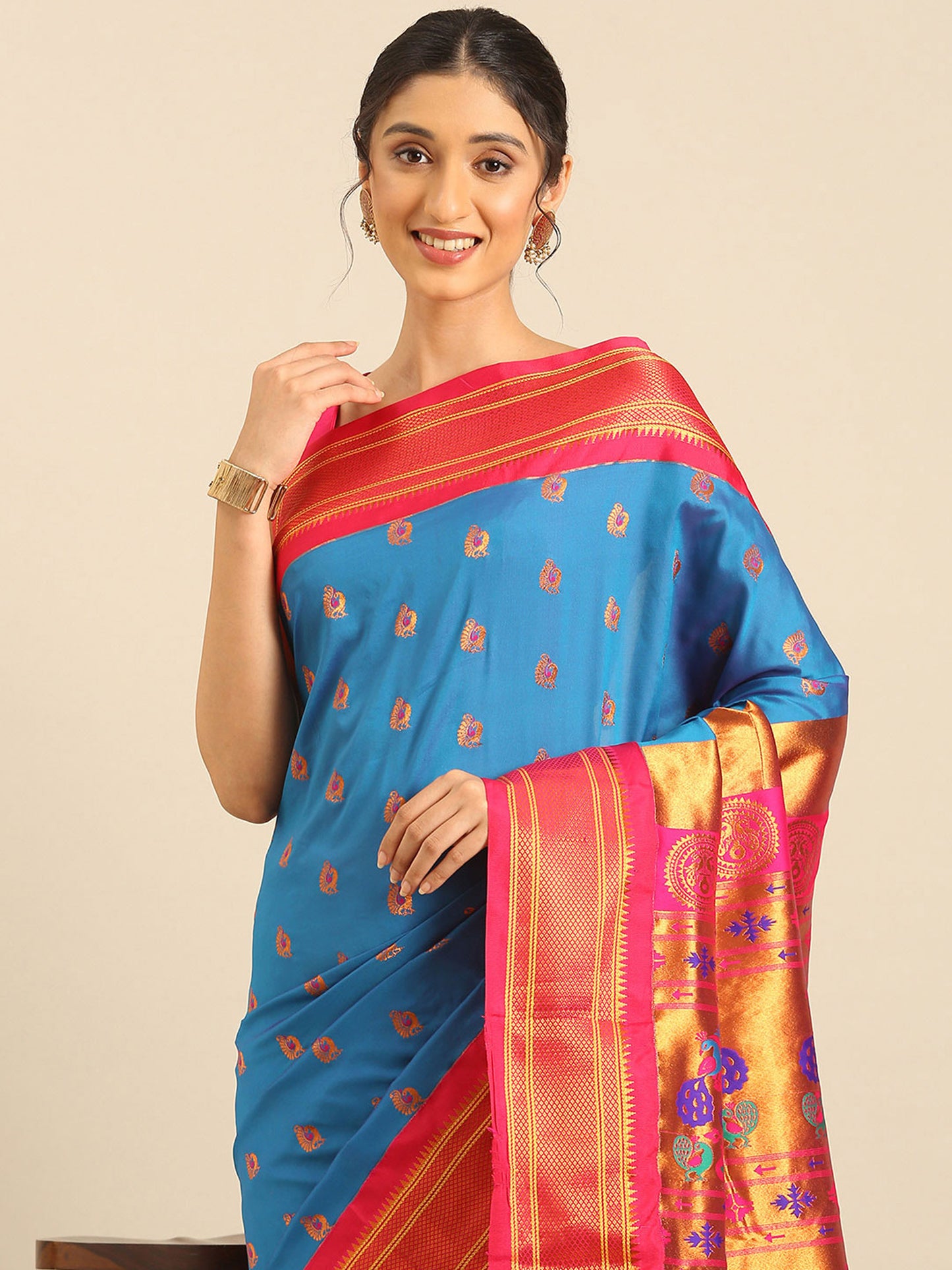 Usha Firozi & Pink Soft Silk Maharani Paithani Saree