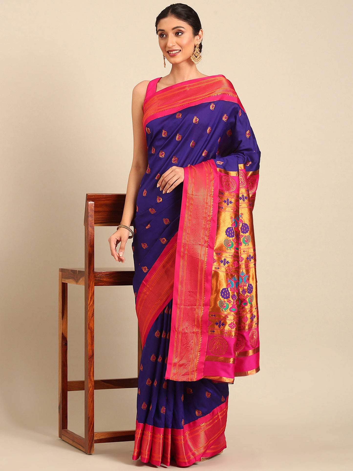Usha Indigo Blue & Pink Soft Silk Maharani Paithani Saree