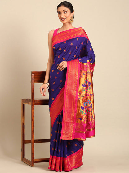 Usha Indigo Blue & Pink Soft Silk Maharani Paithani Saree
