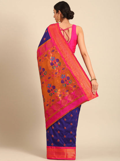 Usha Indigo Blue & Pink Soft Silk Maharani Paithani Saree