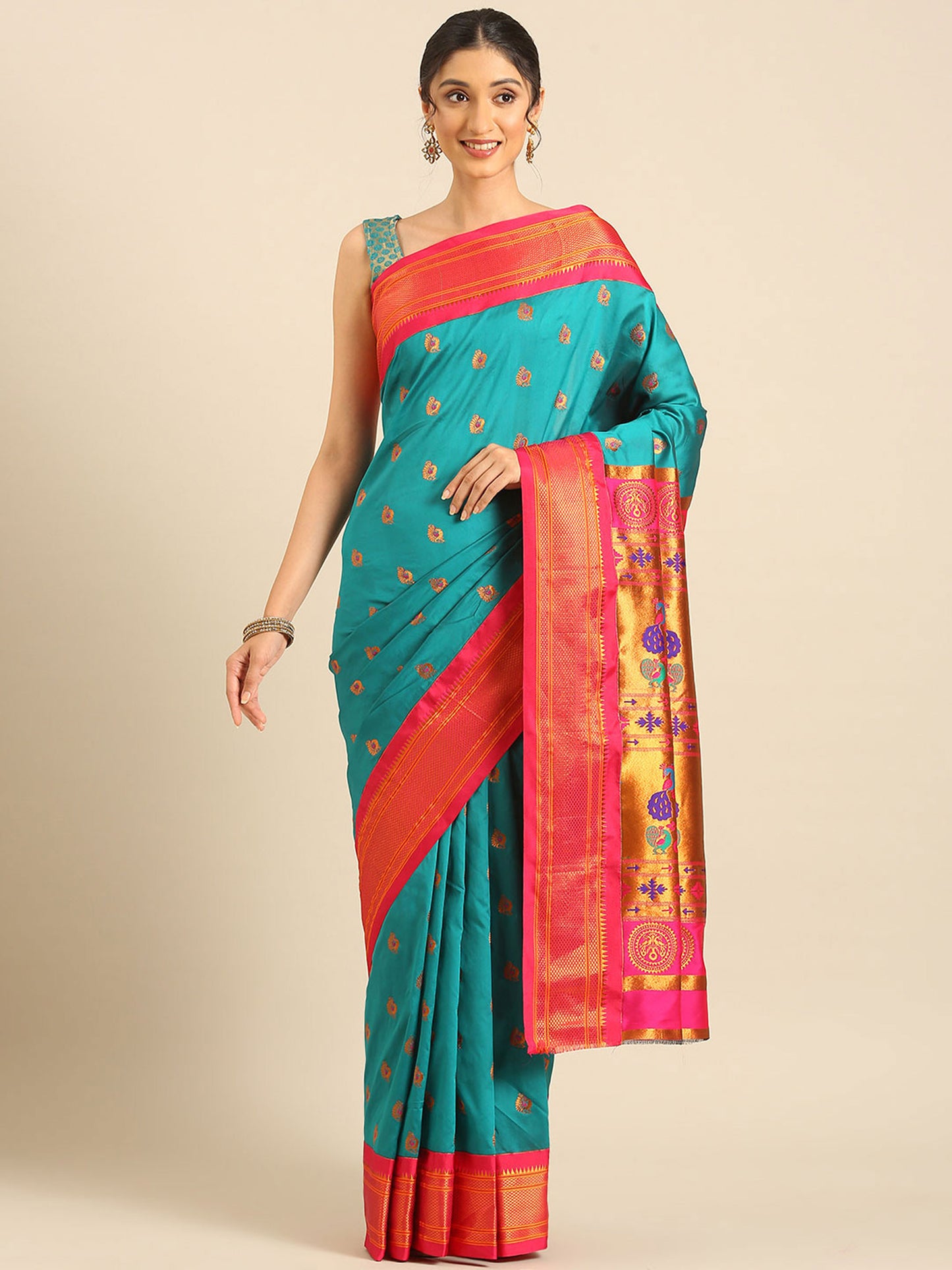 Usha Teal Blue & Pink Soft Silk Maharani Paithani Saree