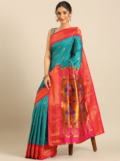 Usha Teal Blue & Pink Soft Silk Maharani Paithani Saree