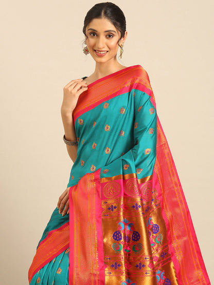 Usha Teal Blue & Pink Soft Silk Maharani Paithani Saree