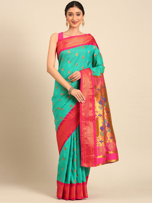 Usha Sea Green & Pink Soft Silk Maharani Paithani Saree