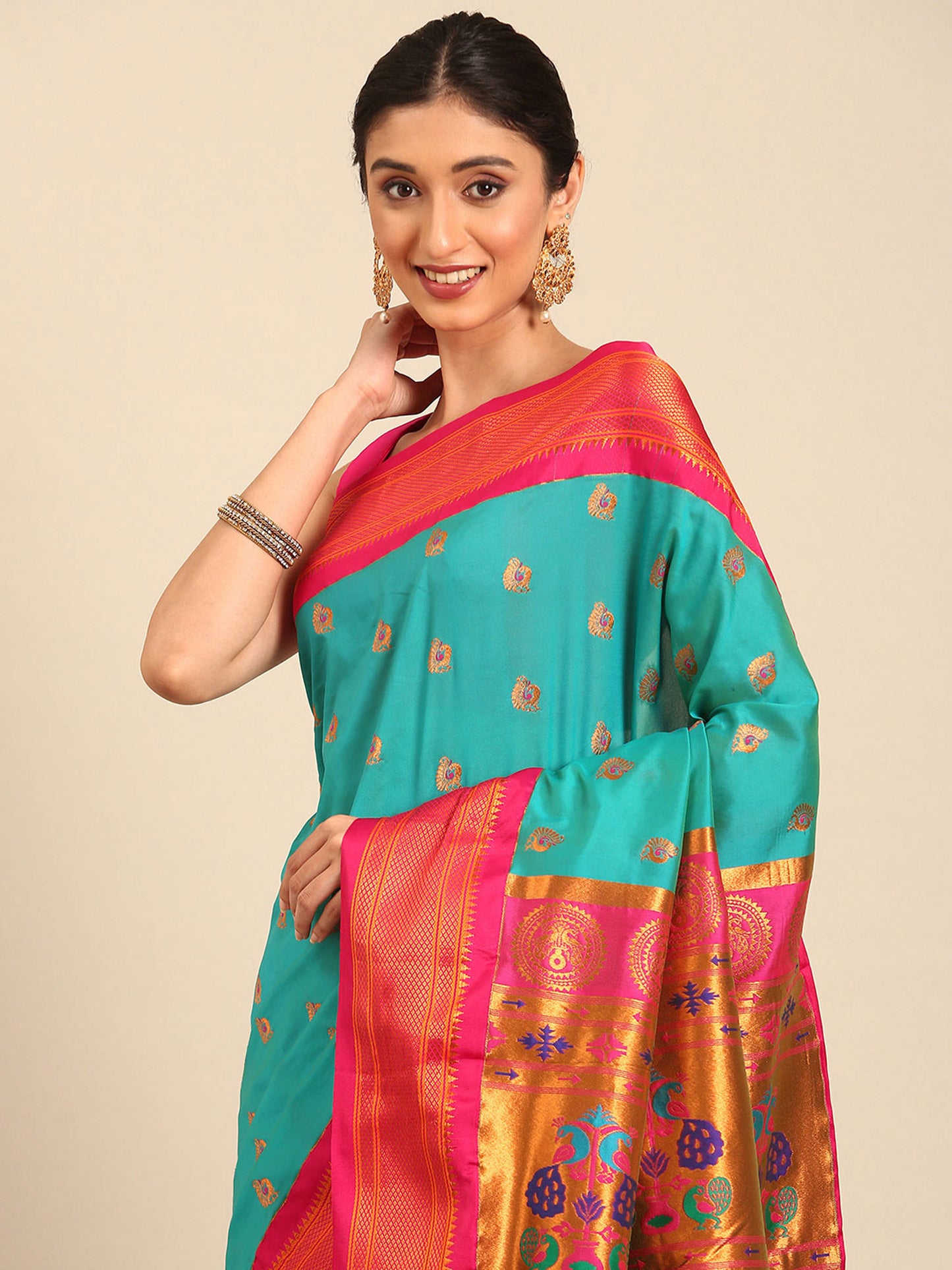 Usha Chintamani Blue & Pink Soft Silk Maharani Paithani Saree