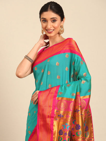 Usha Chintamani Blue & Pink Soft Silk Maharani Paithani Saree