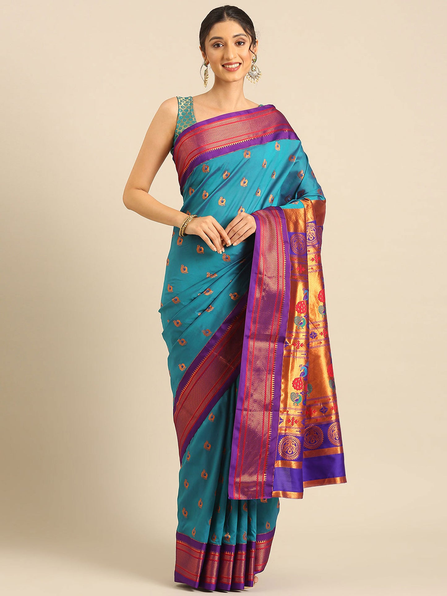 Usha Teal Blue & Violet Soft Silk Maharani Paithani Saree