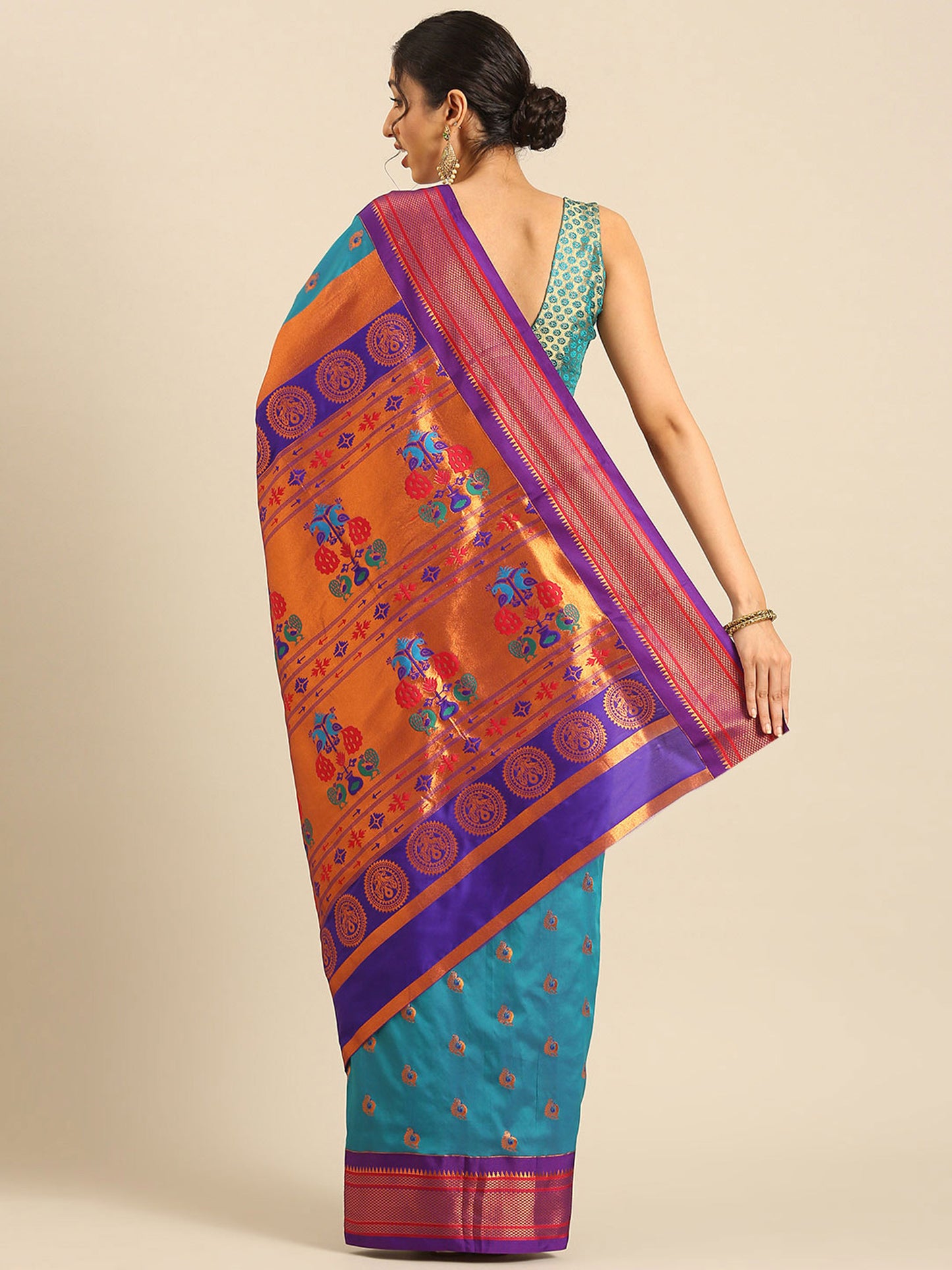 Usha Teal Blue & Violet Soft Silk Maharani Paithani Saree