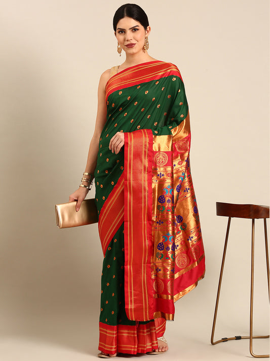 Umaa Bottle Green & Red Soft Silk Maharani Paithani Saree