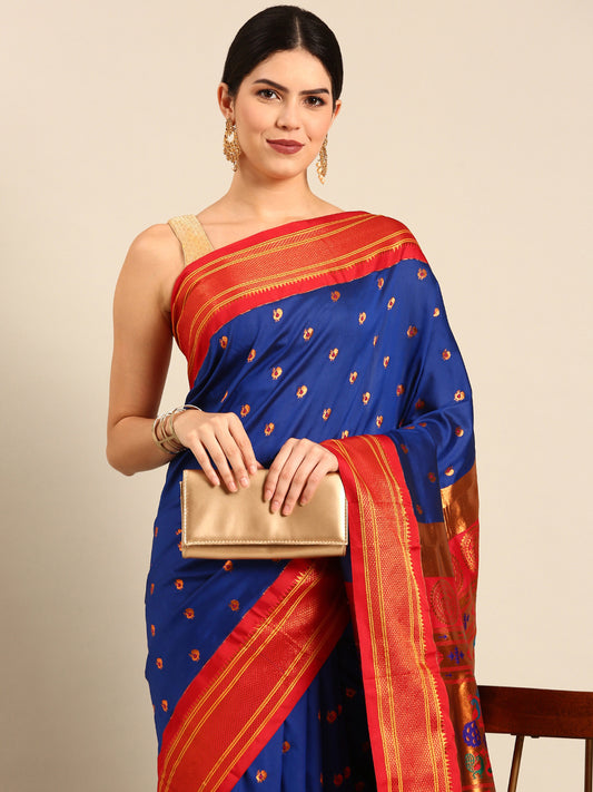 Umaa Royal Blue & Red Soft Silk Maharani Paithani Saree