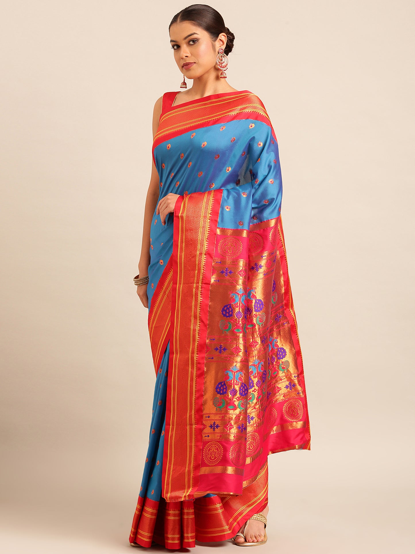 Umaa Firozi & Red Soft Silk Maharani Paithani Saree