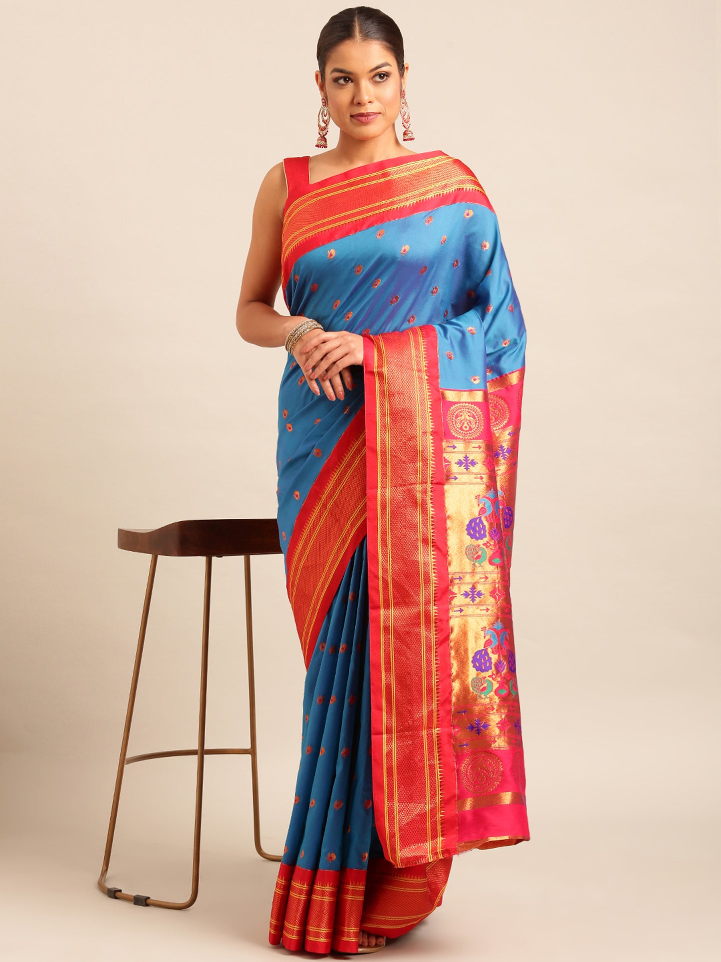 Umaa Firozi & Red Soft Silk Maharani Paithani Saree