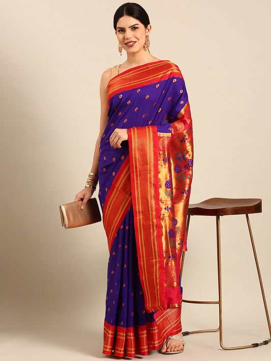 Umaa Indigo Blue & Red Soft Silk Maharani Paithani Saree