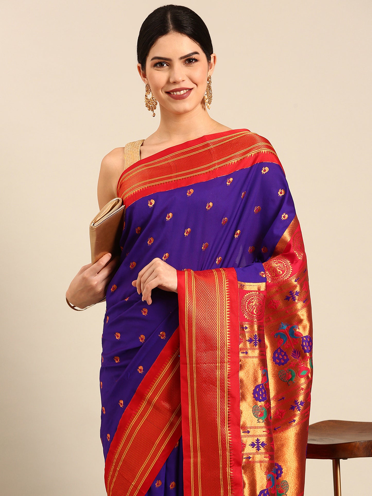 Umaa Indigo Blue & Red Soft Silk Maharani Paithani Saree