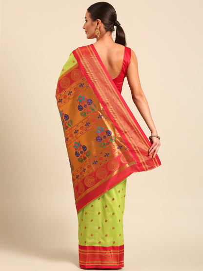 Umaa Parrot Green & Red Soft Silk Maharani Paithani Saree