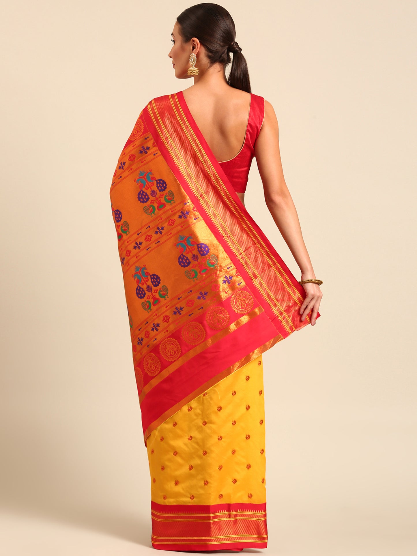 Umaa Haldi & Red Soft Silk Maharani Paithani Saree