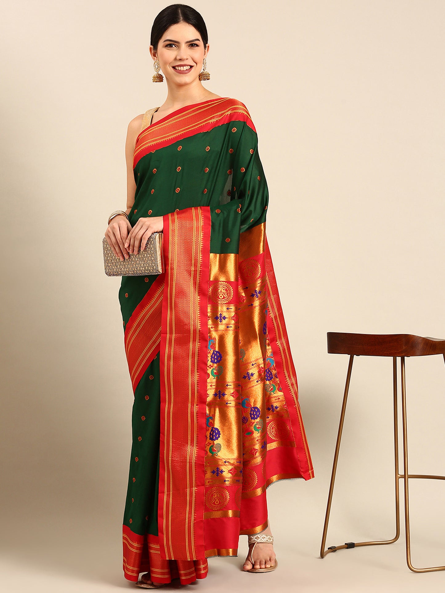 Diksha Bottle Green & Red Soft Silk Maharani Paithani Saree