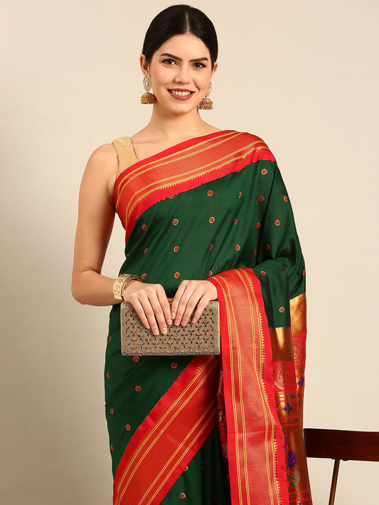 Diksha Bottle Green & Red Soft Silk Maharani Paithani Saree