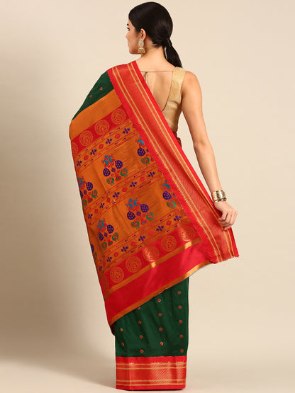 Diksha Bottle Green & Red Soft Silk Maharani Paithani Saree