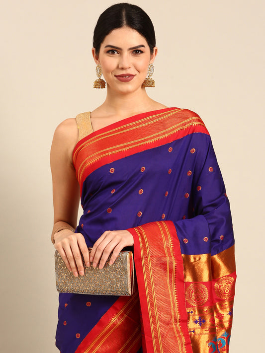 Diksha Indigo Blue & Red Soft Silk Maharani Paithani Saree