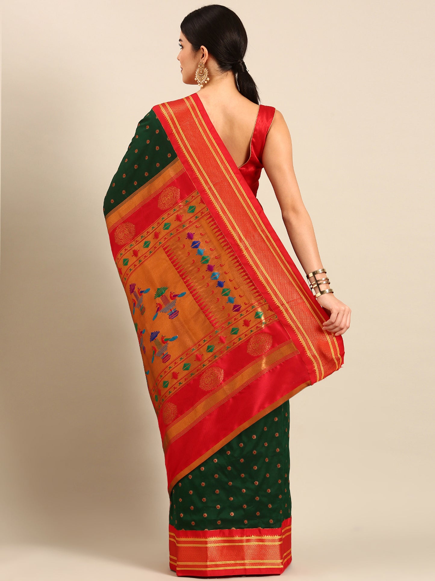 Raksha Bottle Green & Red Soft Silk Double Pallu Paithani Saree