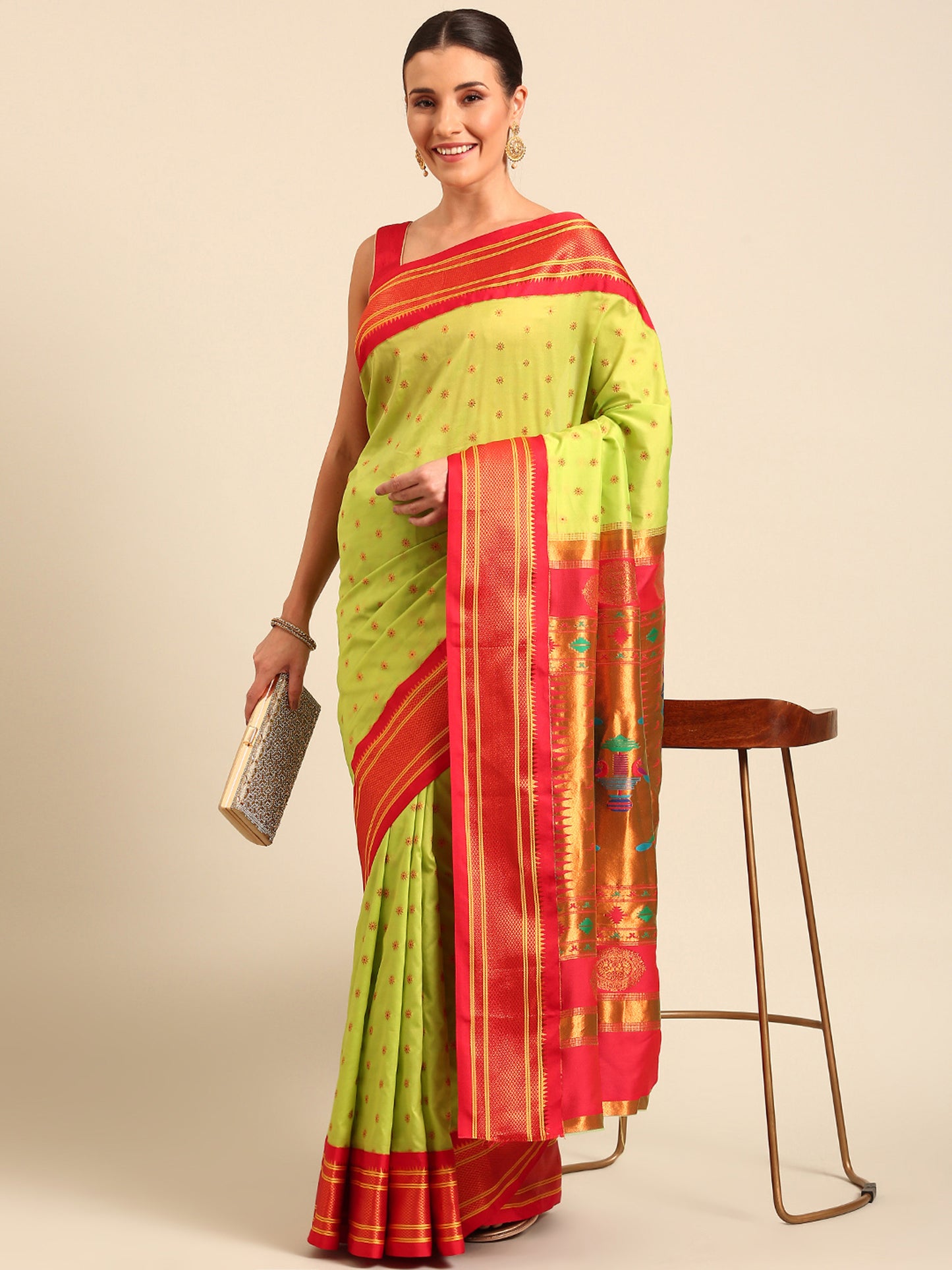 Raksha Parrot Green & Red Soft Silk Double Pallu Paithani Saree