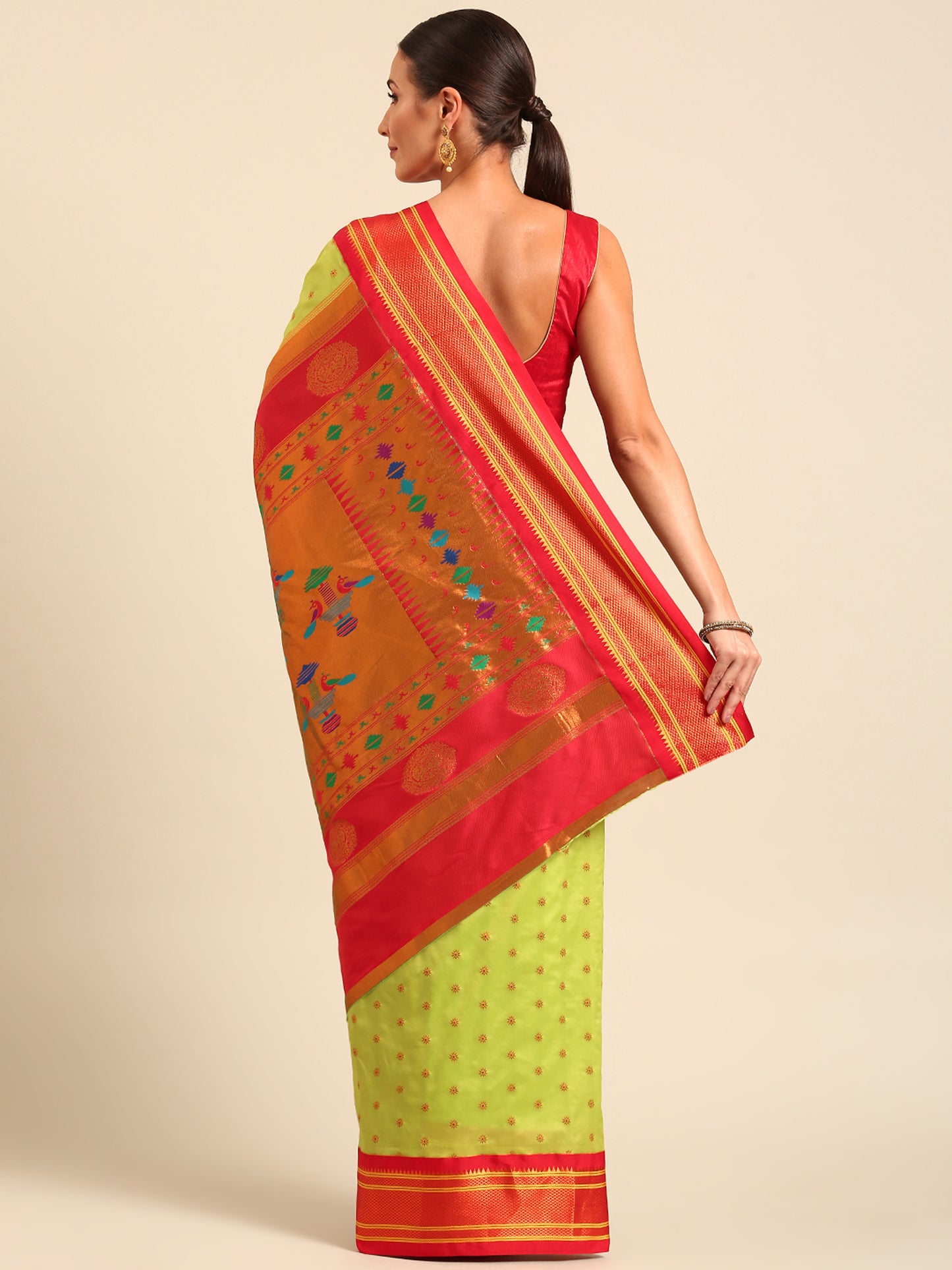 Raksha Parrot Green & Red Soft Silk Double Pallu Paithani Saree