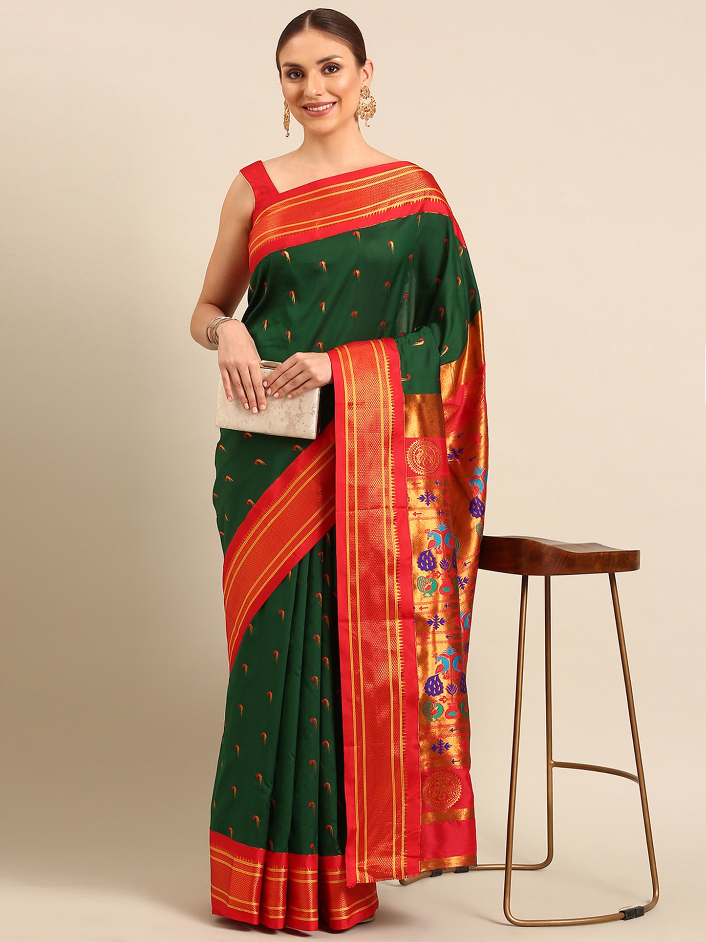 Amruta Bottle Green & Red: Soft Silk Muniya Paithani Saree