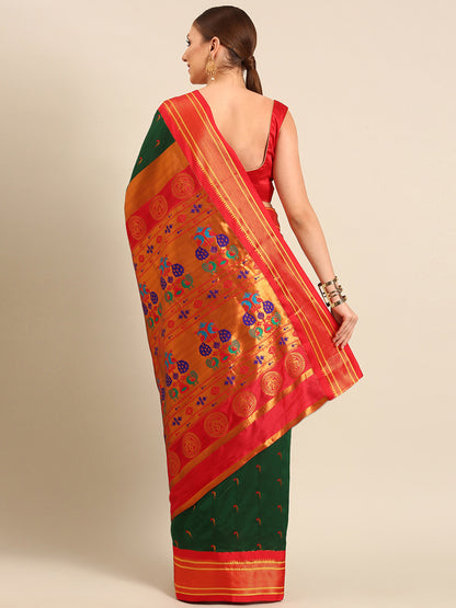 Amruta Bottle Green & Red: Soft Silk Muniya Paithani Saree