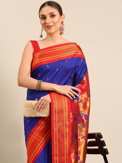 Amruta Royal Blue & Red: Soft Silk Muniya Paithani Saree