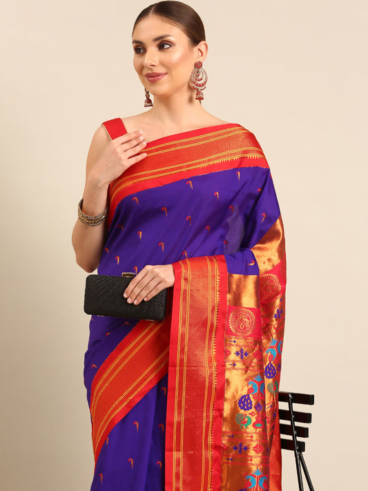 Amruta Indigo Blue & Red Soft Silk Muniya Paithani Saree