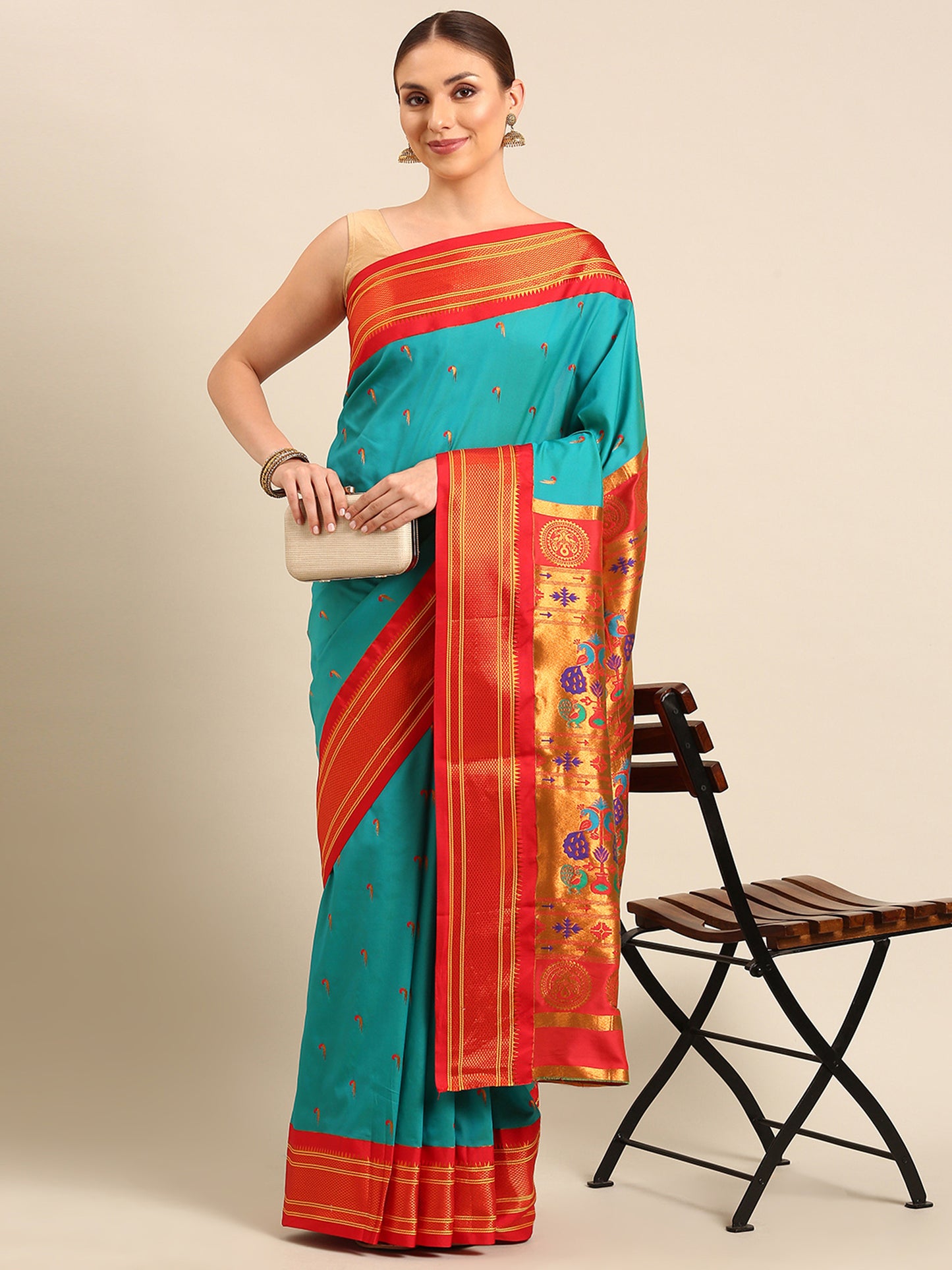 Amruta Turquoise Blue & Red: Soft Silk Muniya Paithani Saree