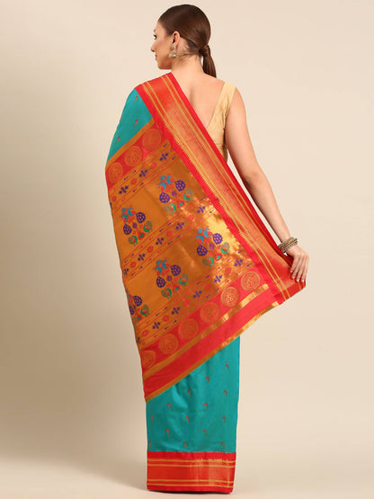            Amruta Turquoise Blue & Red: Soft Silk Muniya Paithani Saree     Varkala Silk Sarees