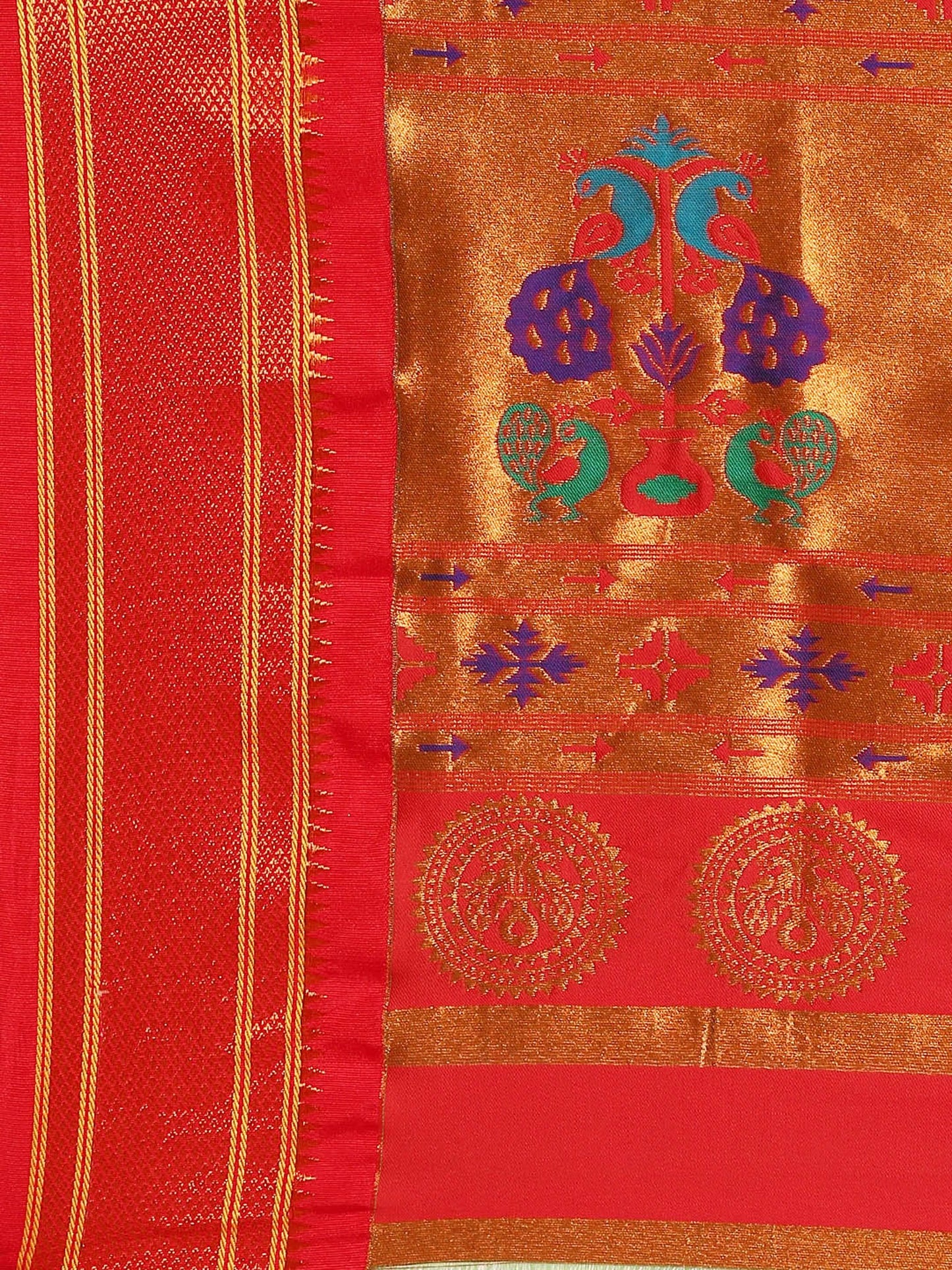            Amruta Turquoise Blue & Red: Soft Silk Muniya Paithani Saree     Varkala Silk Sarees