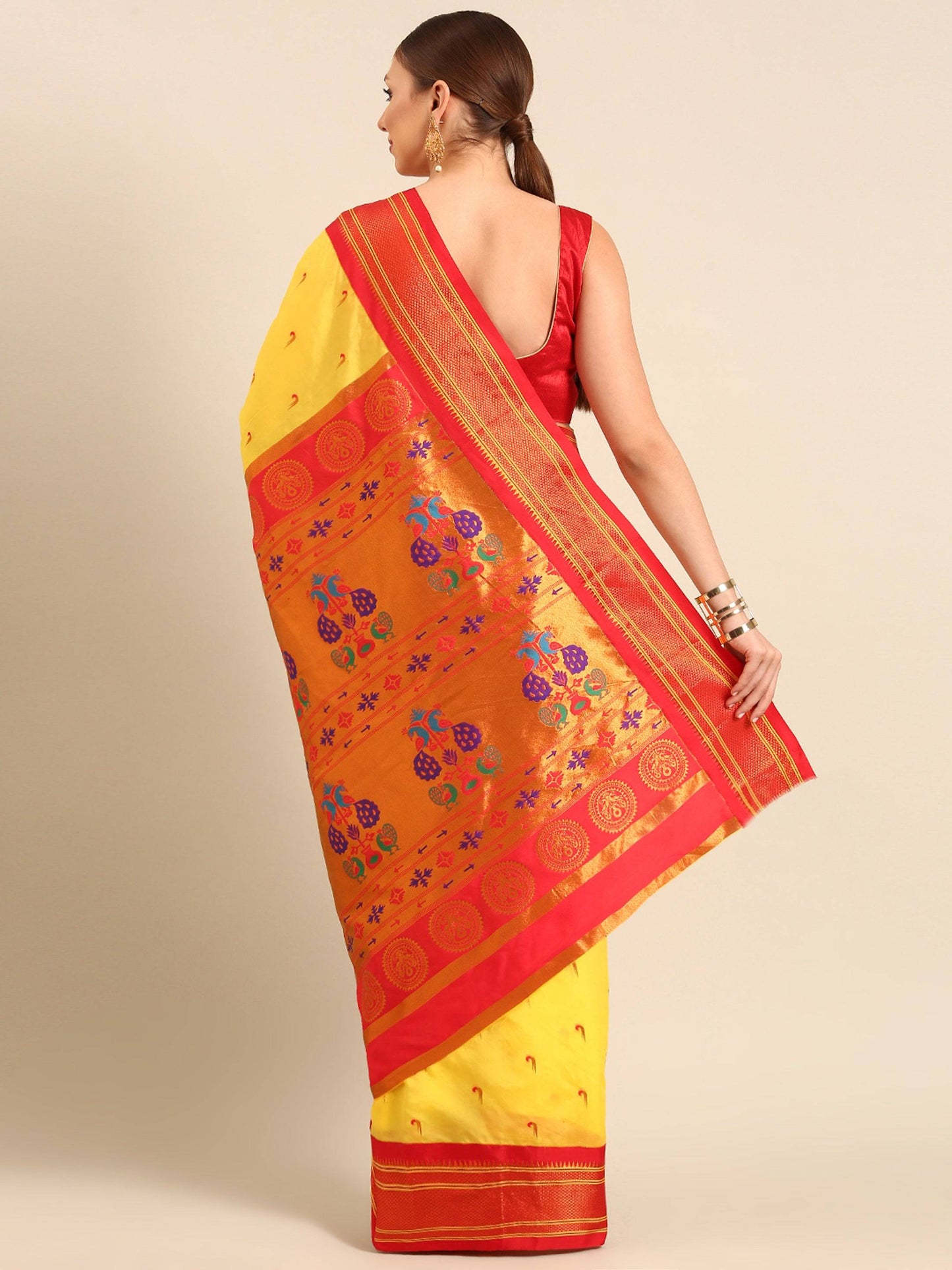            Amruta Yellow & Red: Soft Silk Muniya Paithani Saree     Varkala Silk Sarees