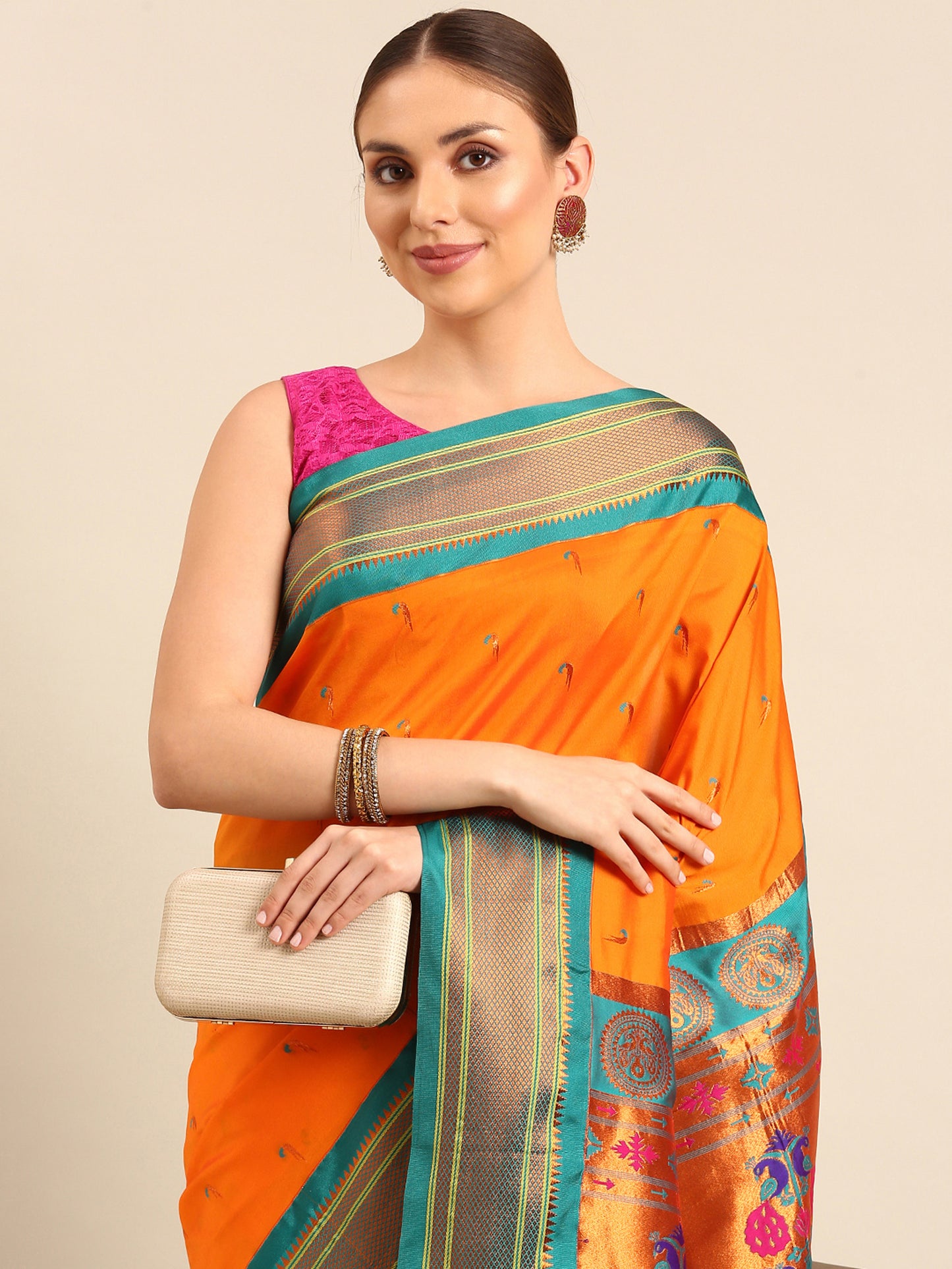 Amruta Mustard & Rama: Soft Silk Muniya Paithani Saree