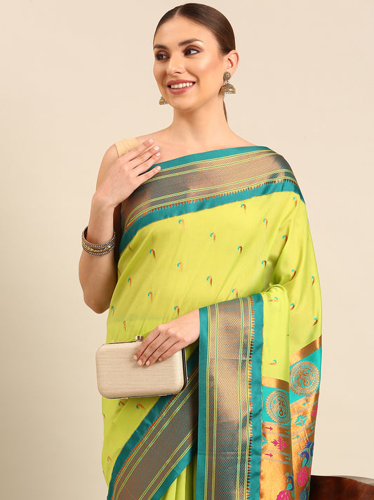 Amruta Parrot Green & Rama: Soft Silk Muniya Paithani Saree