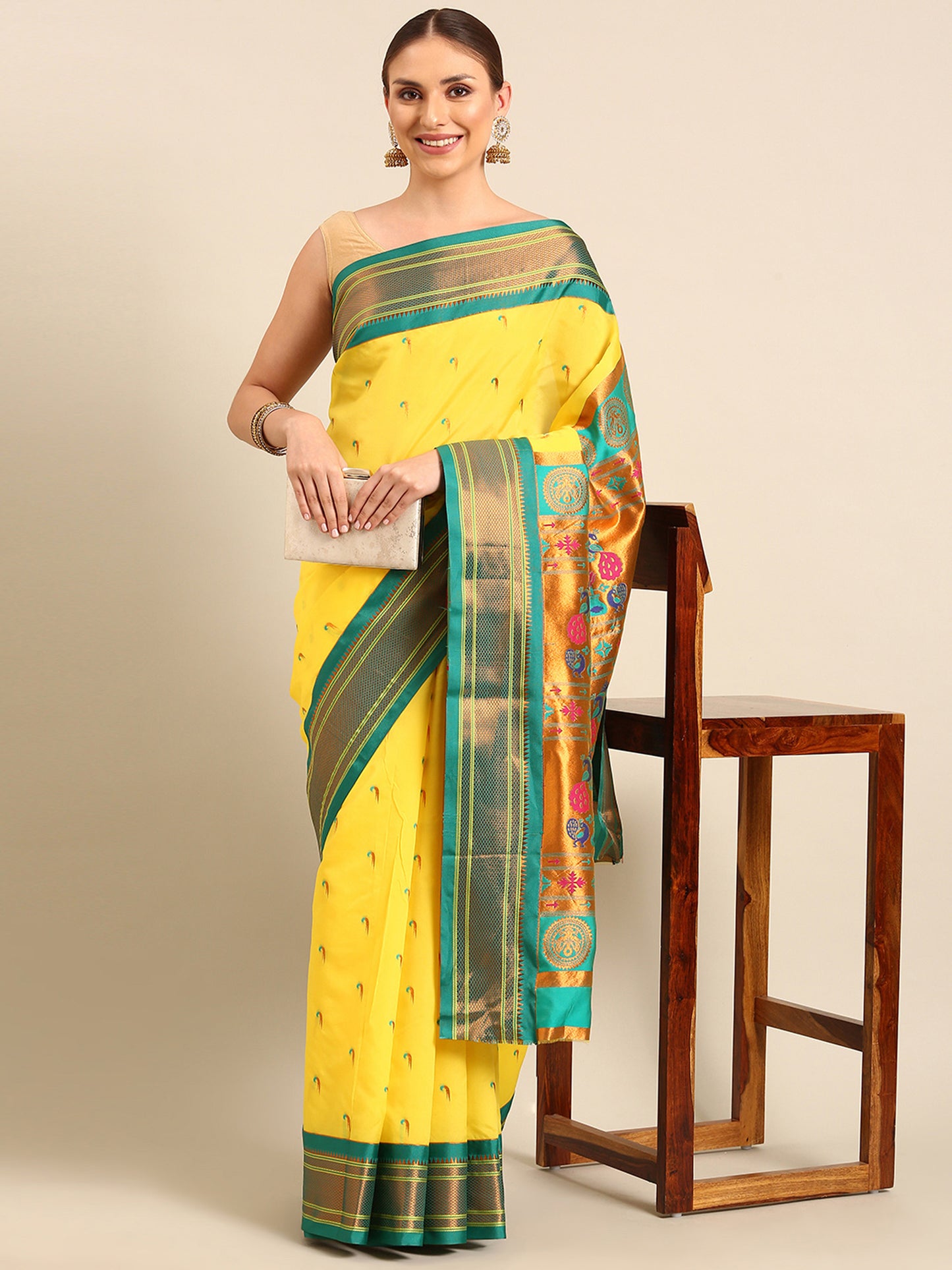 Amruta Yellow & Rama: Soft Silk Muniya Paithani Saree