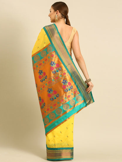 Amruta Yellow & Rama: Soft Silk Muniya Paithani Saree