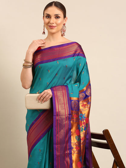 Amruta Rama Green & Violet: Soft Silk Muniya Paithani Saree