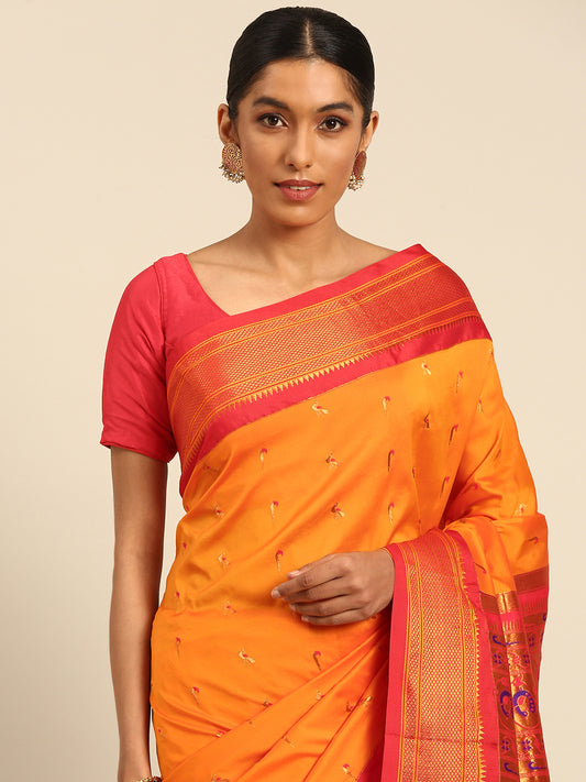 Aarushi Orange & Red Soft Silk Muniya Paithani Saree