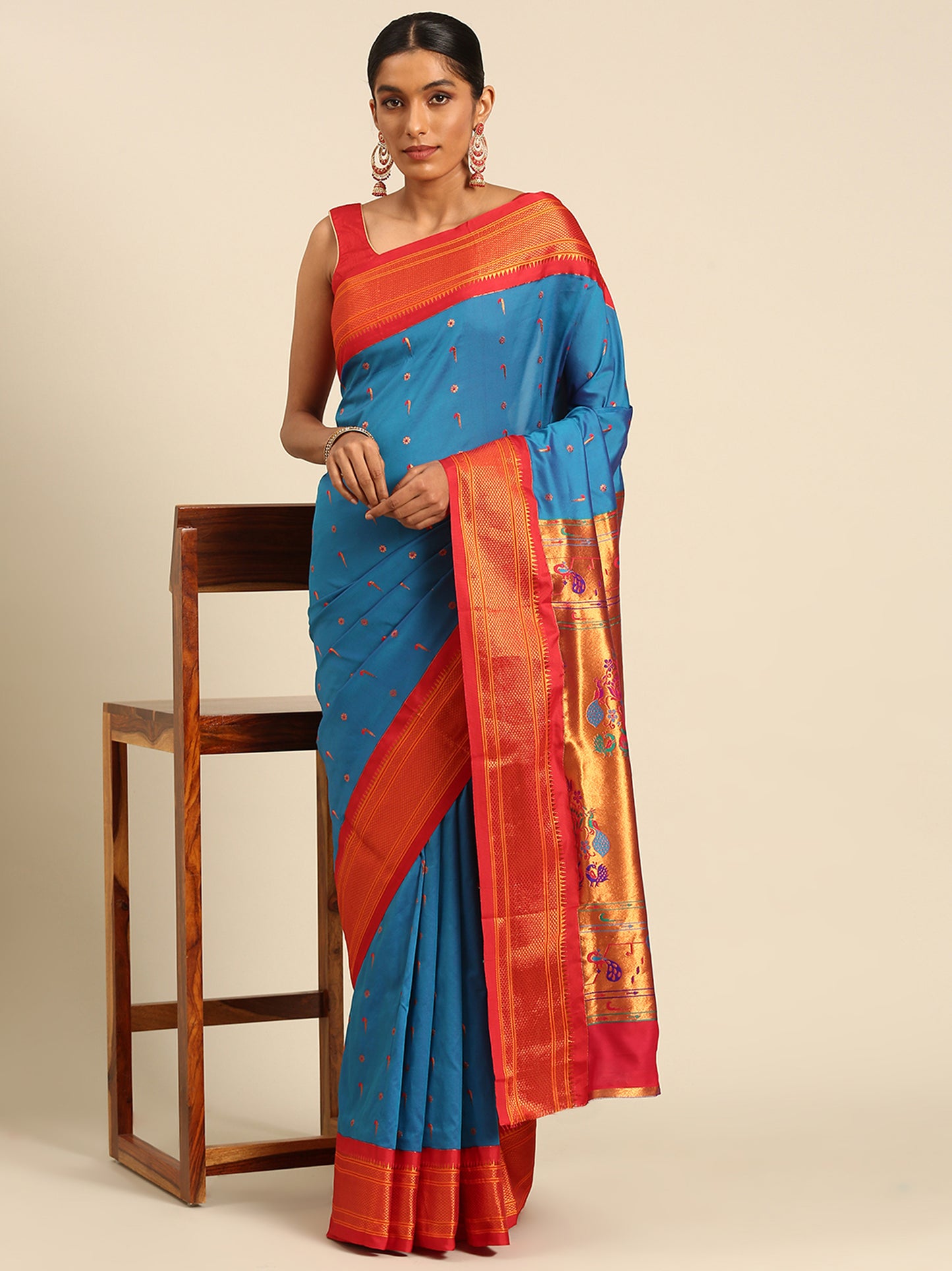 Suruchi Firozi & Red Soft Silk Muniya Paithani Saree