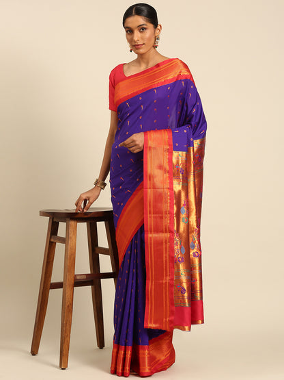 Suruchi Indigo Blue & Red Soft Silk Muniya Paithani Saree