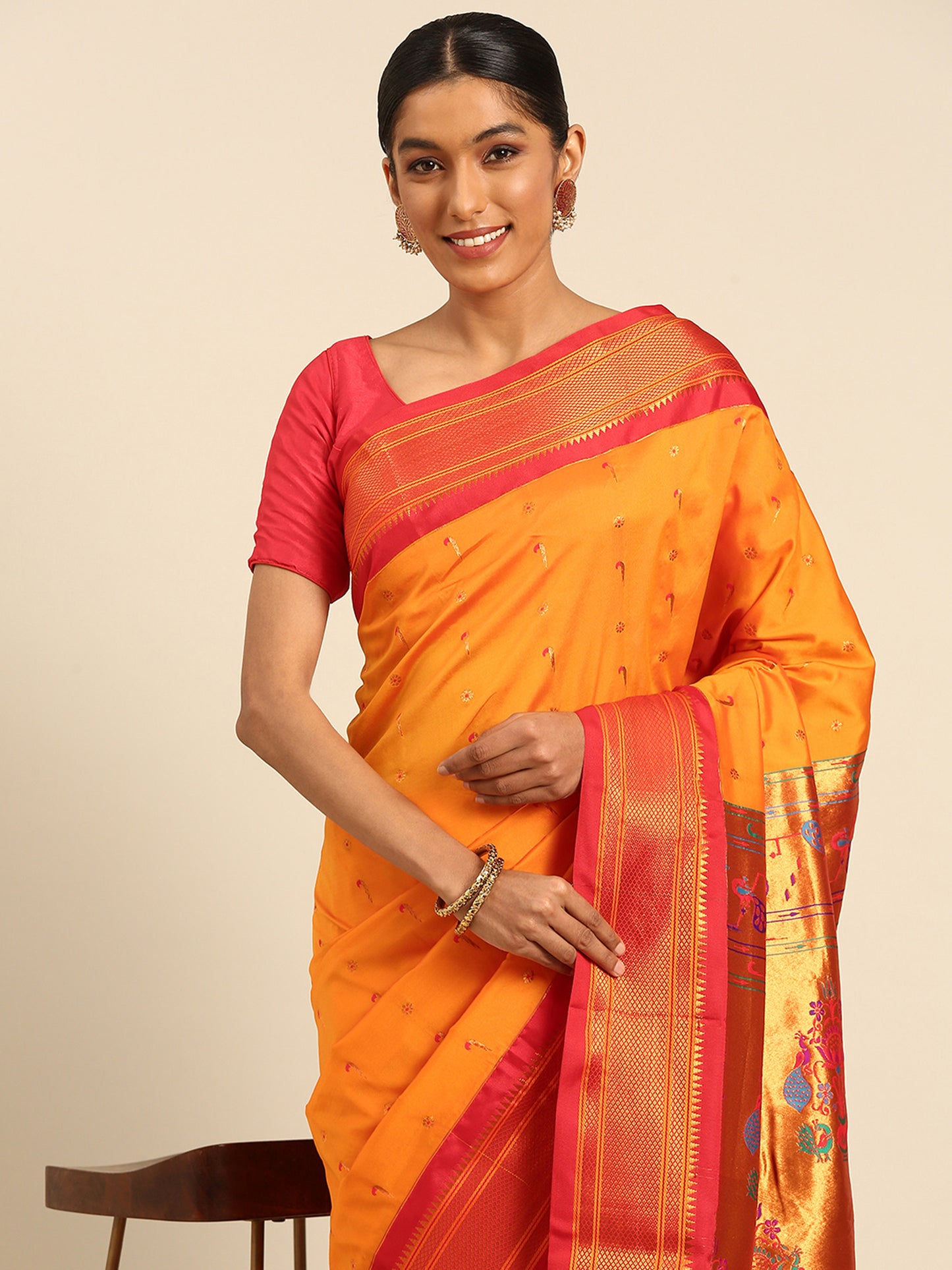 Suruchi Mango Orange & Red Soft Silk Muniya Paithani Saree