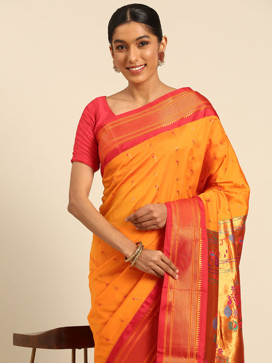 Suruchi Mango Orange & Red Soft Silk Muniya Paithani Saree