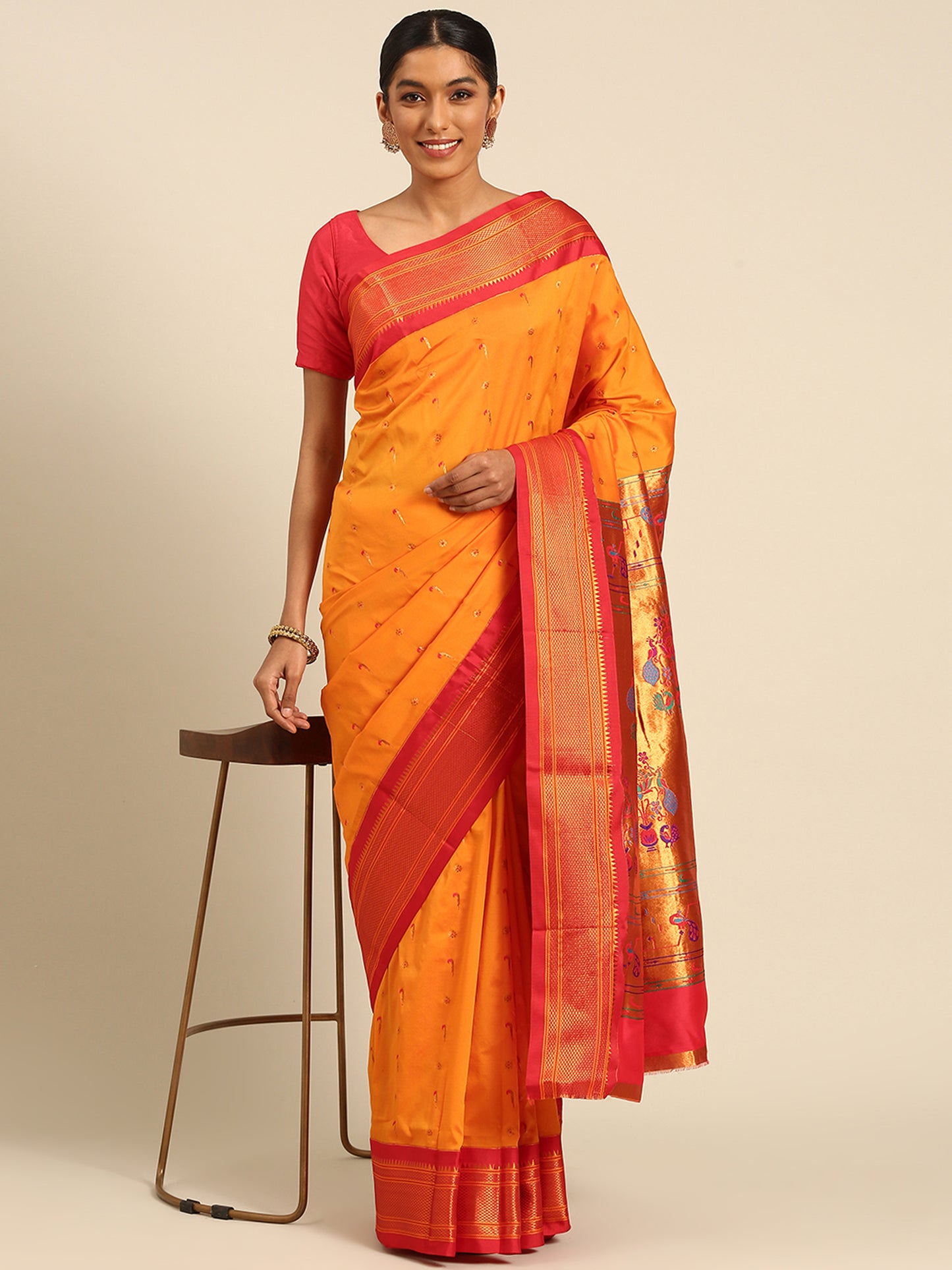 Suruchi Mango Orange & Red Soft Silk Muniya Paithani Saree