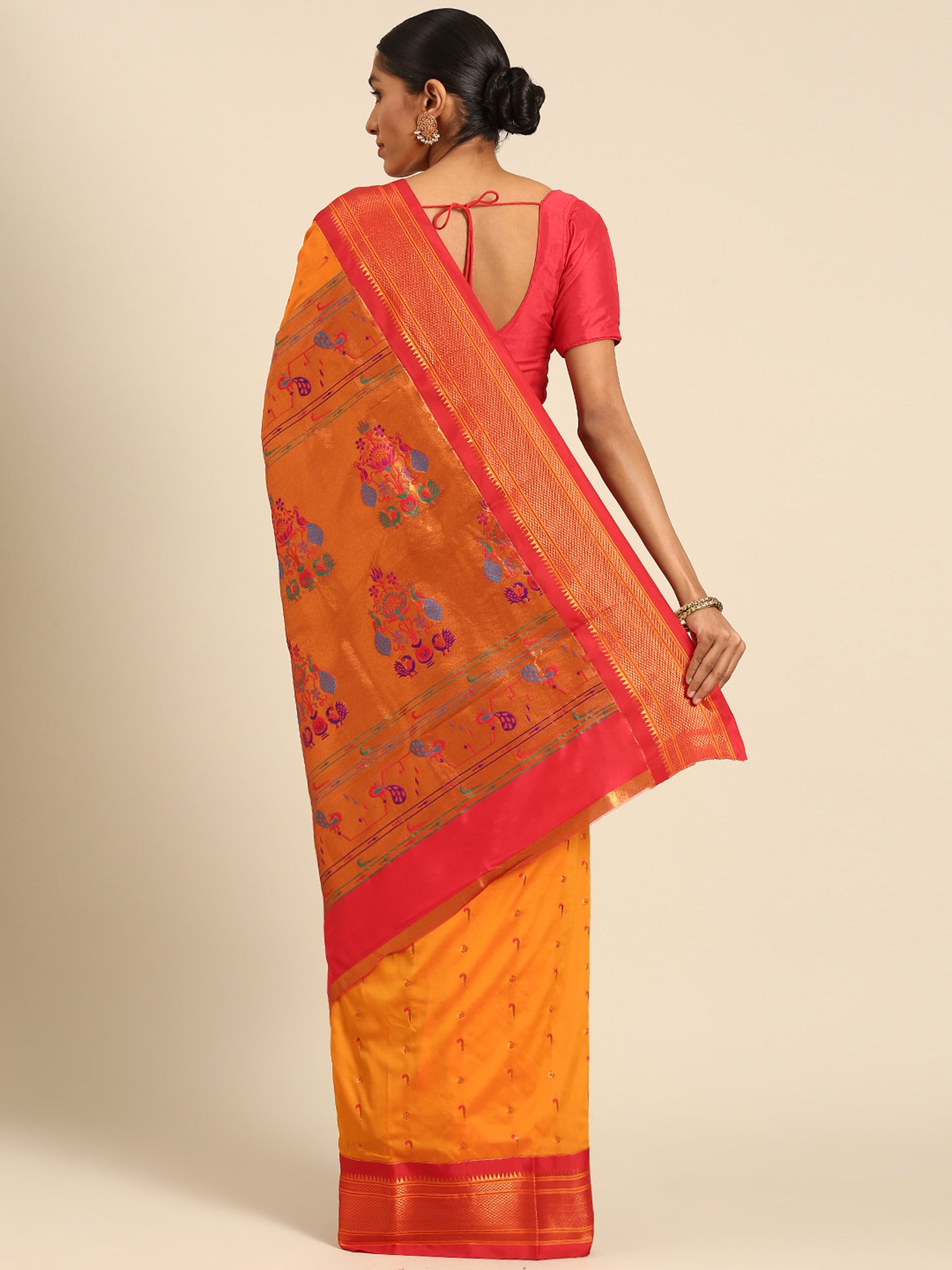 Suruchi Mango Orange & Red Soft Silk Muniya Paithani Saree