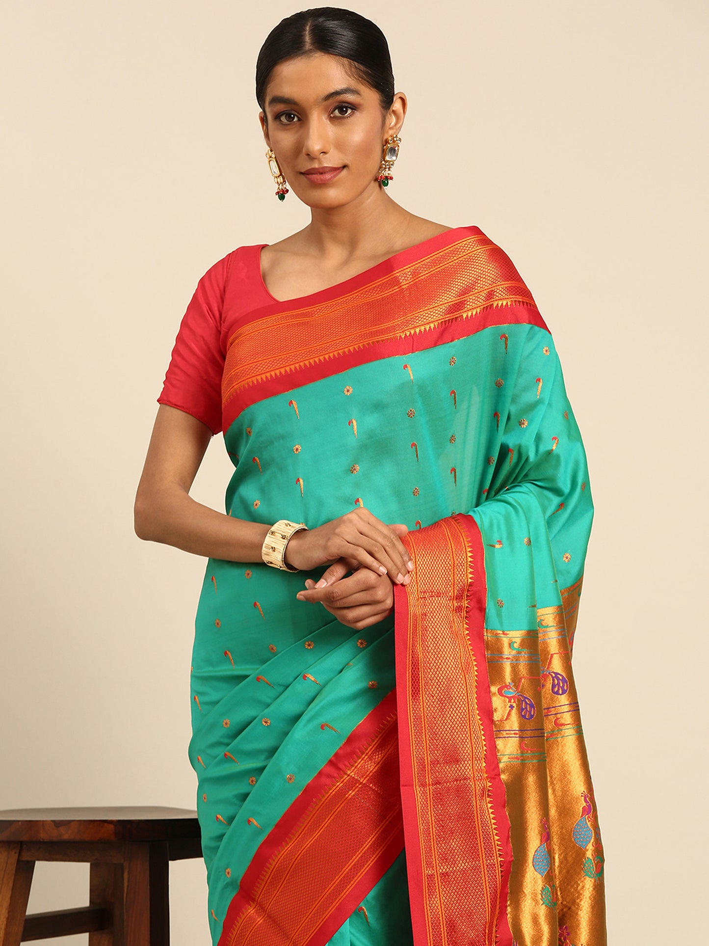 Suruchi Sea Green & Red Soft Silk Muniya Paithani Saree